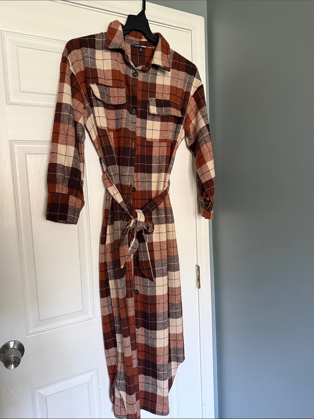 Fashion Nova Rust Multi Plaid Button-Front Shirt Dress